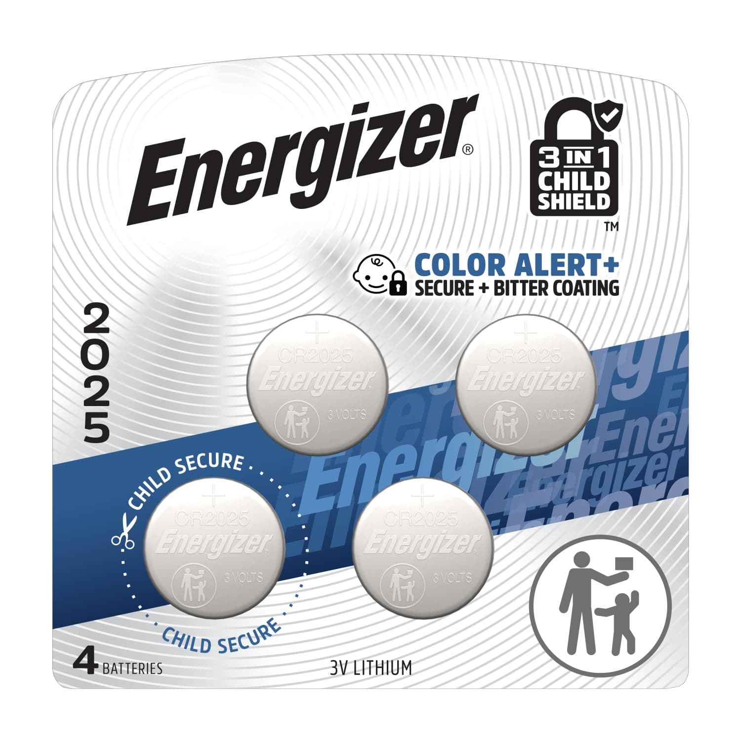 Energizer 2025 Batteries (4 Pack), 3V Lithium Coin Batteries With 3-in-1 Child Shield