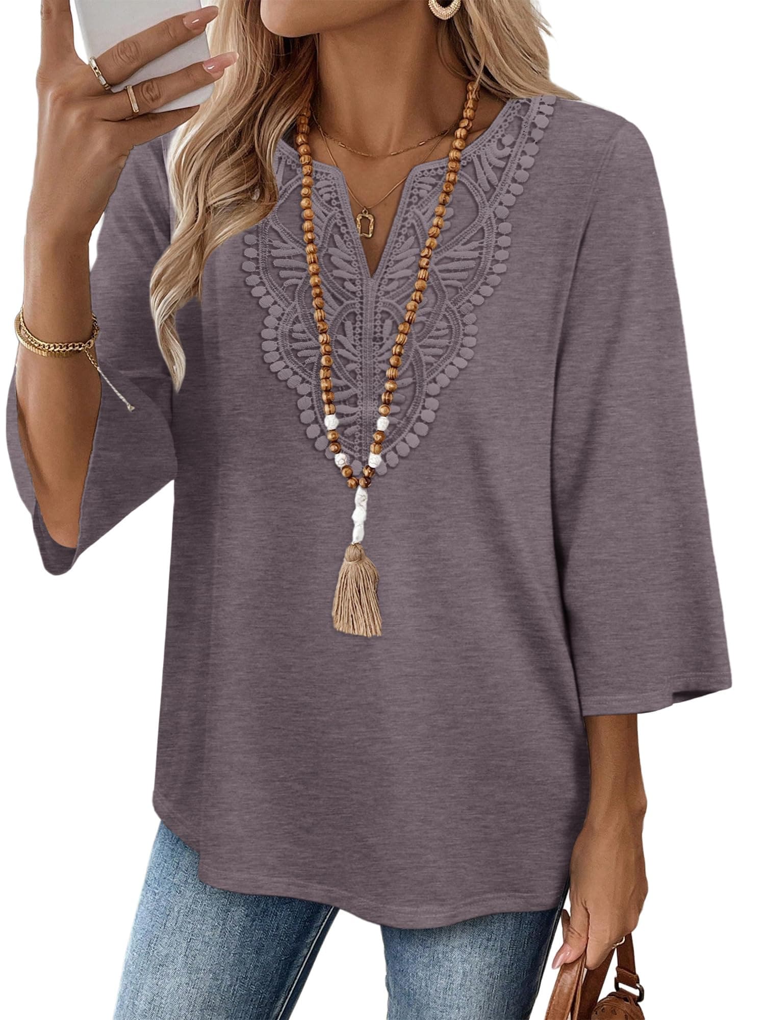 Wiholl Tshirt Shirts for Women Womens Tops Blouses for Women Dressy Casual 3/4 Sleeve Teacher Cruise Outfits Spring Boho Tops Fashion Clothing Western Outfit Resort Wear 2026 Plus Size Clothes Fall XL