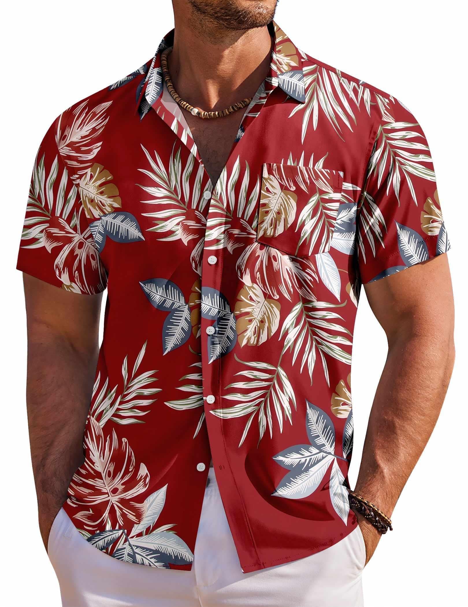 COOFANDY Mens Hawaiian Shirt Short Sleeve Button Down Shirt Summer Beach Shirt, Red - Tropical Leaf, 3X-Large
